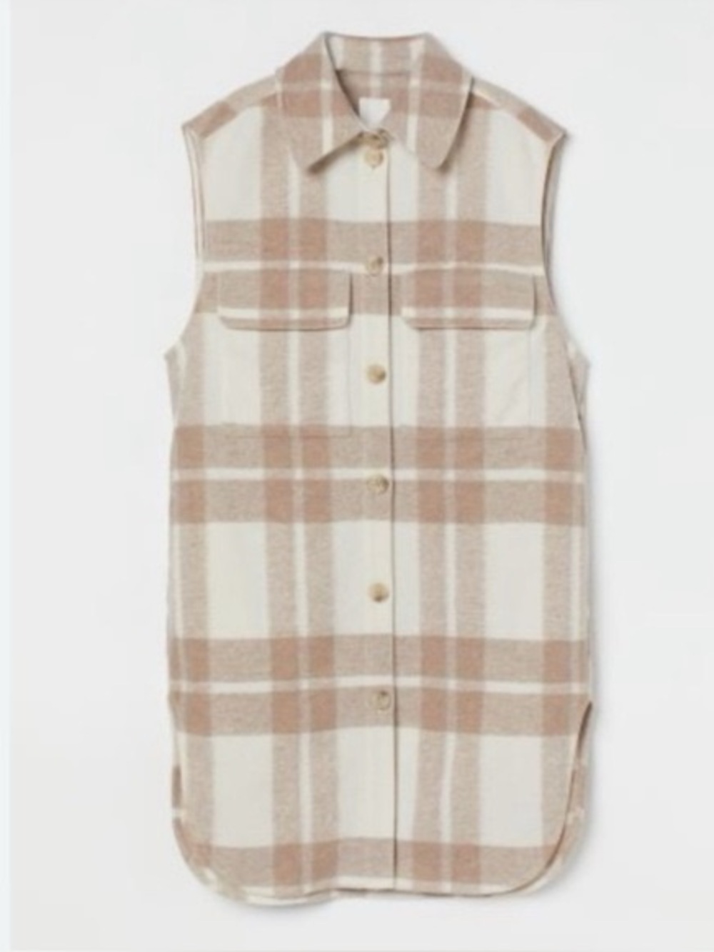 H&M Long Vest Sleeveless Shirt Jacket Women’s Small Oversized Plaid Tan Cream